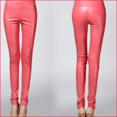 Pink high waist leather leggings for a posh wardrobe upgrade, showcasing shiny style