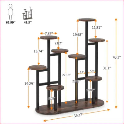 Multi-tiered plant stand displaying dimensions for a potted flower shelf in a window garden