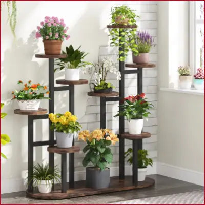 Multi-tiered plant stand showcasing potted flowers for windows, gardens, and living rooms