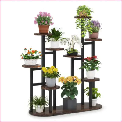 Multi-tiered plant stand with potted flowers for window garden or living room décor