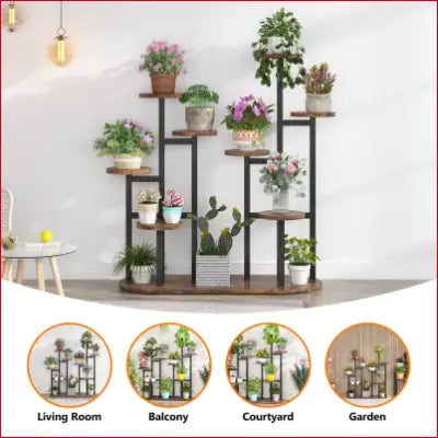 Multi-tiered plant stand with various plants for a stylish window garden display