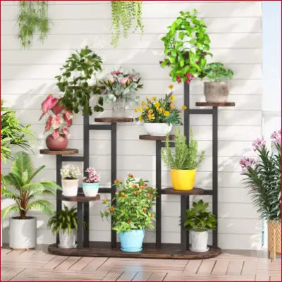 Multi-tiered plant stand featuring a potted flower shelf for window garden decor