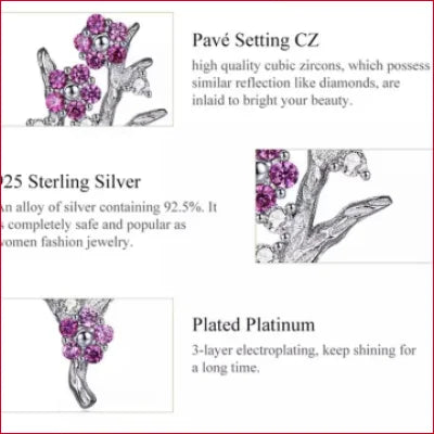 Sterling Silver Flowers Stud Earrings with Plum Zircon and floral design showcasing elegance