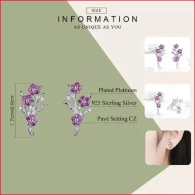 Sterling Silver Flowers Stud Earrings featuring Plum Zircon gemstones and floral design