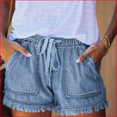 Chic Casual Denim Shorts with Frayed Hems, Drawstring Waist, and Front Pockets