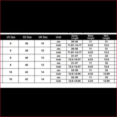 Size chart for Sheer Porte Jarretelles Miniskirt showing US, EU, and UK shoe sizes