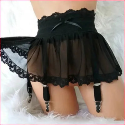 Black lace-trimmed sheer porte jarretelles miniskirt lingerie with garter straps