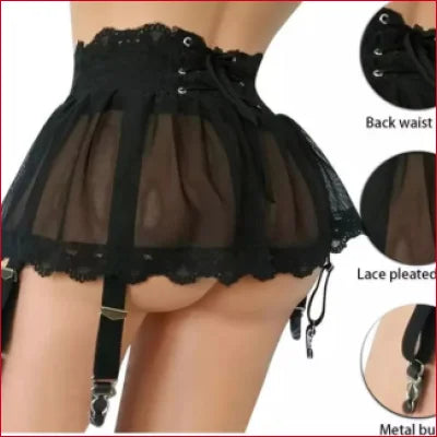 Black sheer porte jarretelles miniskirt lingerie with lace trim and garter straps