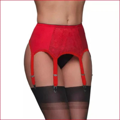 Red lace garter belt with stockings from Classic Porte Jarretelles for seductive allure