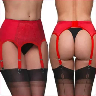 Red lingerie set featuring Classic Porte Jarretelles with three suspenders and stockings