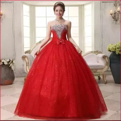 Vibrant red Romantic Princess Strapless Wedding Dress with sparkly bodice and tulle skirt