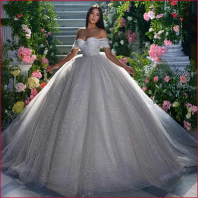 Sparkling Off Shoulder Princess Wedding Dress with Voluminous Tulle Skirt