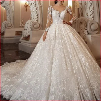 Ornate Princess Wedding Dress with Sleeves in White and Ivory Options, detailed lace design