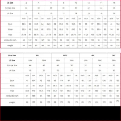 Table of measurements for Gold Sequinned Prom Formal Evening Women’s Dress sizes