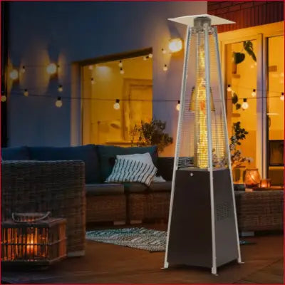 Pyramid-shaped propane patio heater with 48000 BTU for outdoor spaces in Bronze finish