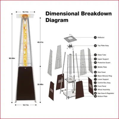 Pyramid Patio Heater with dimensional breakdown for Bronze 48000 BTU outdoor patio heater