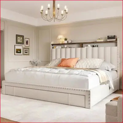 Queen Size Upholstered Bed Frame with Headboard Shelf and 3 Drawers for Storage