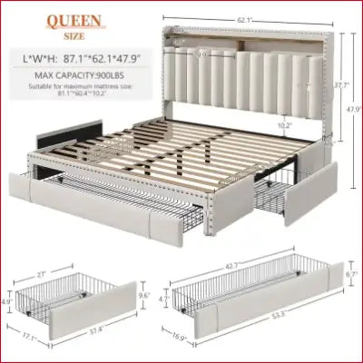 Queen size upholstered bed frame with storage drawers for optimal bedroom organization