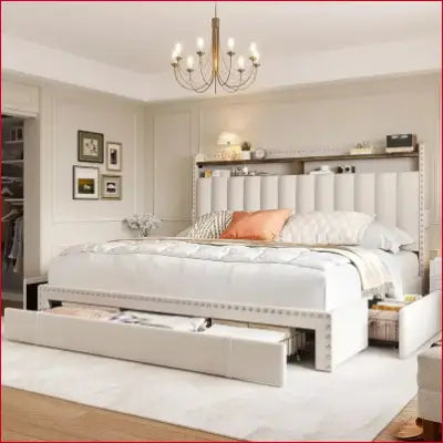 Queen Size Upholstered Bed Frame with storage drawers and stylish headboard design