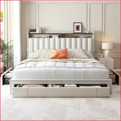 Queen Size Upholstered Bed Frame with Storage Drawers and Headboard for Modern Bedrooms