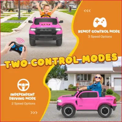 Pink toy truck with two control modes in RAM Ride on Car, 12V Powered Ride for kids