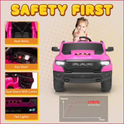 Pink RAM Ride on Car with safety features, 12V powered ride for kids, remote control