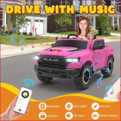 Pink RAM Ride on Car with music features and 12V powered ride for kids