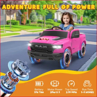 Pink RAM Ride on Car with glowing wheels, 12V powered ride for kids aged 3-6