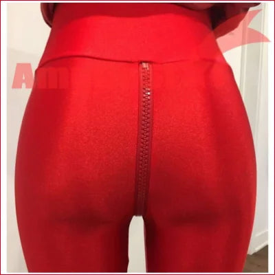 Bright red unique designer leggings with a crotch zipper and form-fitting design