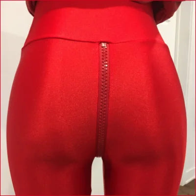 Red Lycra Crotch Zipper Leggings featuring a stylish rear zipper for unique fashion appeal