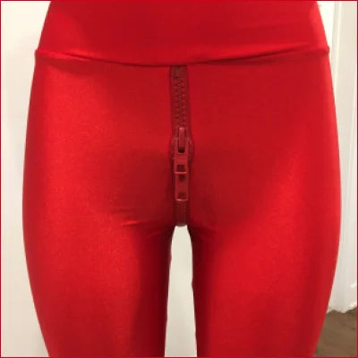 Bright red Lycra crotch zipper leggings for a bold and unique style statement