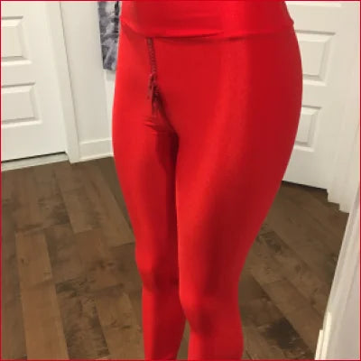 Bright red Lycra crotch zipper leggings for a unique style statement and comfort