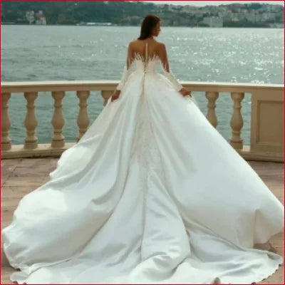 Retro Long Pearls Sleeves Satin Wedding Dress