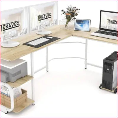 Reversible L Shaped Desk with shelving and computer tower stand for large surface setup