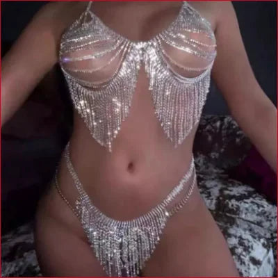 Glittering silver tassel rhinestones thong bikini with dangling crystal fringe detail