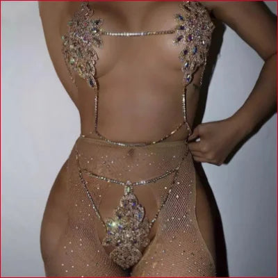 Jewel-encrusted bodysuit showcasing Rhinestones Thong Bikini Jewelry in Silver or Gold