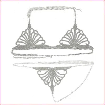 Delicate silver adjustable thong bikini with fan-shaped designs and rhinestone jewelry