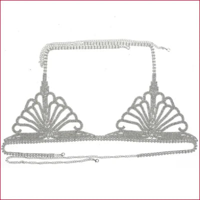 Decorative silver chain bra with fan-shaped cups for adjustable thong bikini jewelry