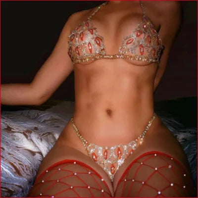 Ornate belly dance costume featuring rhinestones thong bikini with jeweled bra and bottoms