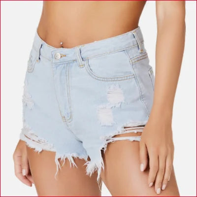 Light Washed Distressed Summer Shorts with Ripped Hems in light blue denim