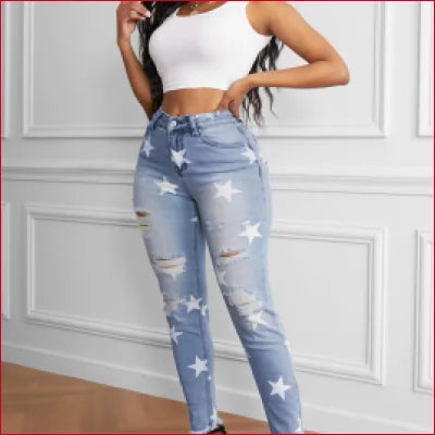 Star Printed Jeans with Ripped Details and Crotch Zipper for a Casual Look