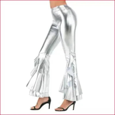Ruffle Bell Bottom Wide Leg Shiny Disco Pants Womens Leggings Studio 54