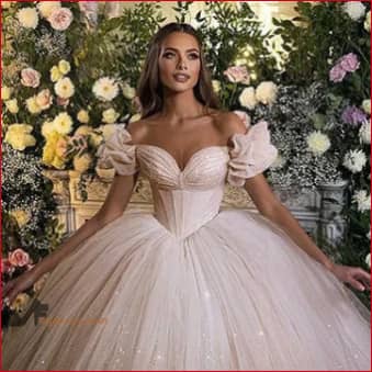 Ruffled Off Shoulder Wedding Dress Glitter Bridal Gown