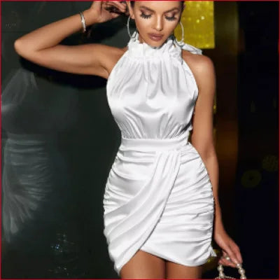 White halter-neck mini dress with gathered waist, satin bodycon style for club party chic