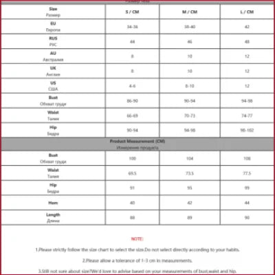 Size chart for Satin Bodycon Club Party Dress with crotch zipper in various colors