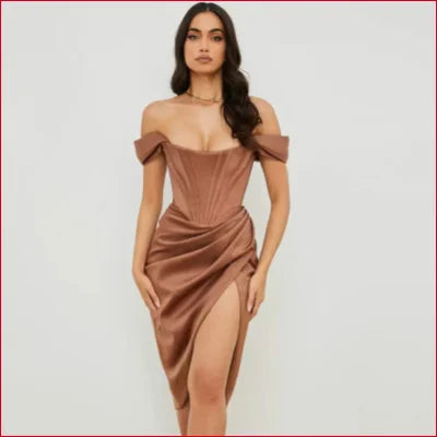 Elegant bronze Satin Corset Off Shoulder Bodycon Women’s Dress with high slit