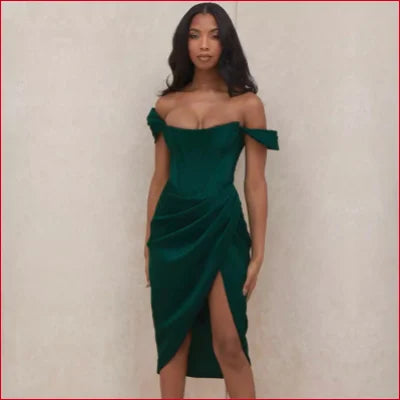 Emerald green satin corset off shoulder bodycon women’s dress with thigh-high slit