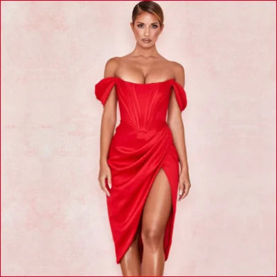 Vibrant red Satin Corset Off Shoulder Bodycon Women’s Dress with thigh-high slit