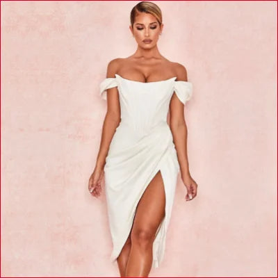 Off-shoulder white satin corset bodycon women’s dress with high slit and fitted silhouette