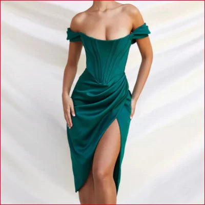 Emerald green satin corset off-shoulder bodycon women’s dress with thigh-high slit